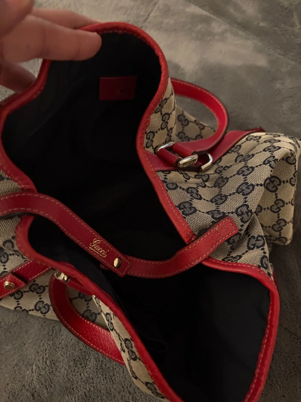Gucci Beige Monogram Canvas Tote with Red Leather Trim